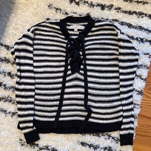 LOFT Navy and White Striped Lace-Up Sweater